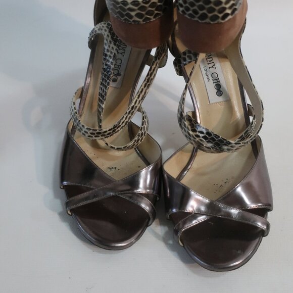 Authentic Jimmy Choo Pewter Python Suede Metallic Strap Ankle Zip Heels 39 US/9 - Picture 6 of 16